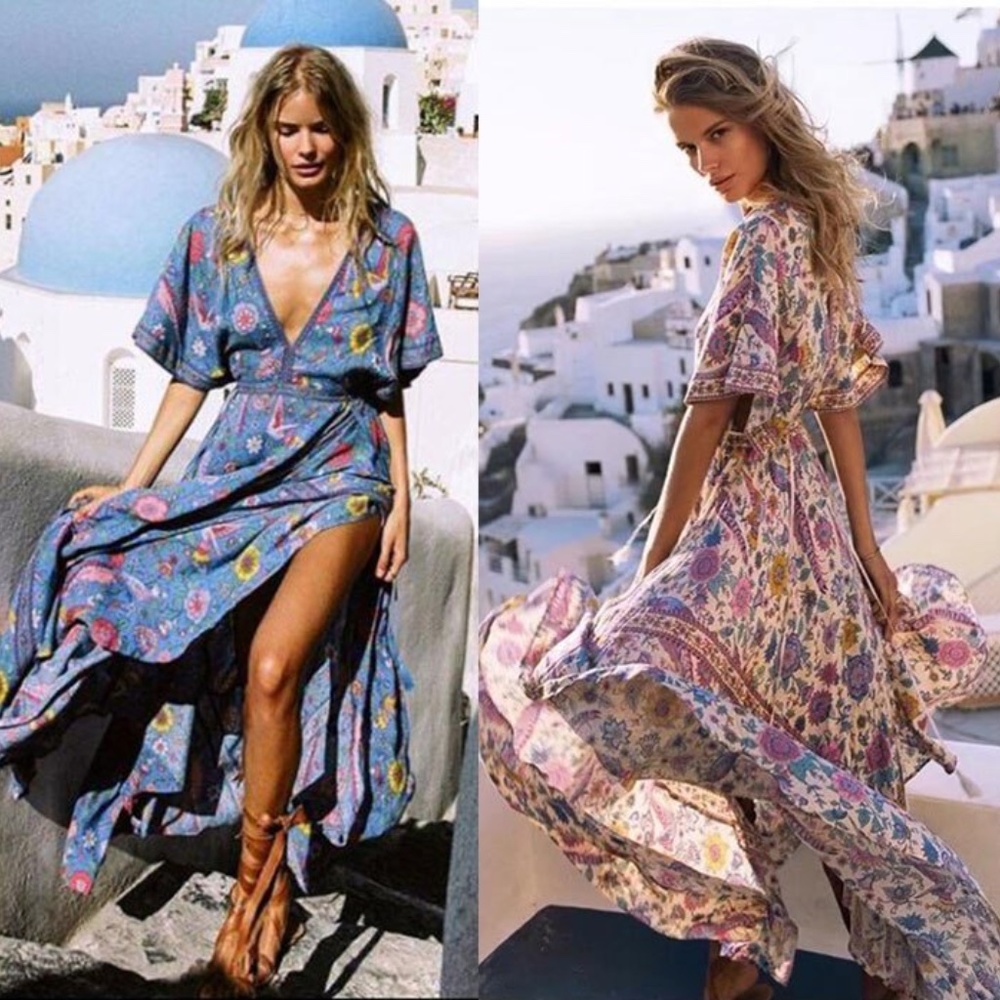 blue floral print boho v neck tassel maxi Dress - Picture 5 of 6